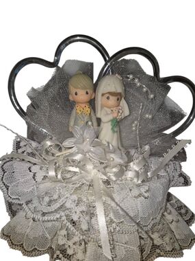 Precious Moments Bride and Groom Figurine Cake Topper in White and Silver